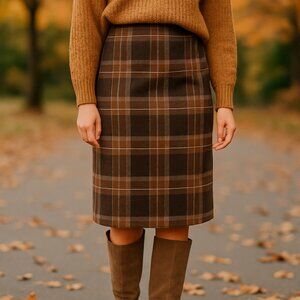 Vintage Style Brown Plaid Wool Blend Pencil Skirt – High Waist, Lined